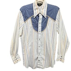 VINTAGE Sears Western Wear Shirt Mens Large Blue Stripe Snap Bib Cowboy 70s